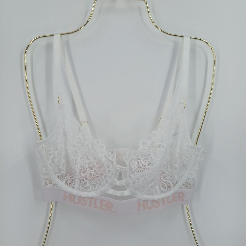 womens Hustler White Lace Unlined Bralette Logo Elastic Band Size 34C